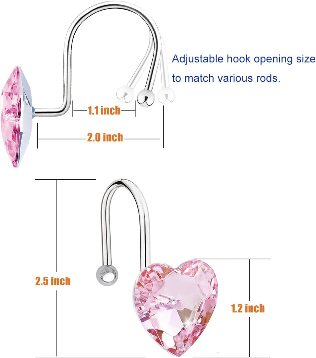 Shower Curtain Hooks Rings for Bathroom, 12PCS Valentines Day Heart Stainless Steel Rust Resistant Decorative Rhinestones Shower Curtain Rings Hangers for Shower Curtains, Clothing, etc.