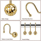 Gracelife 12Pcs Hollow Ball Shower Curtain Hooks Luxury Quality Rustproof Stainless Steel Shower Curtain Rings Hooks for Bathroom Rod (Gold)
