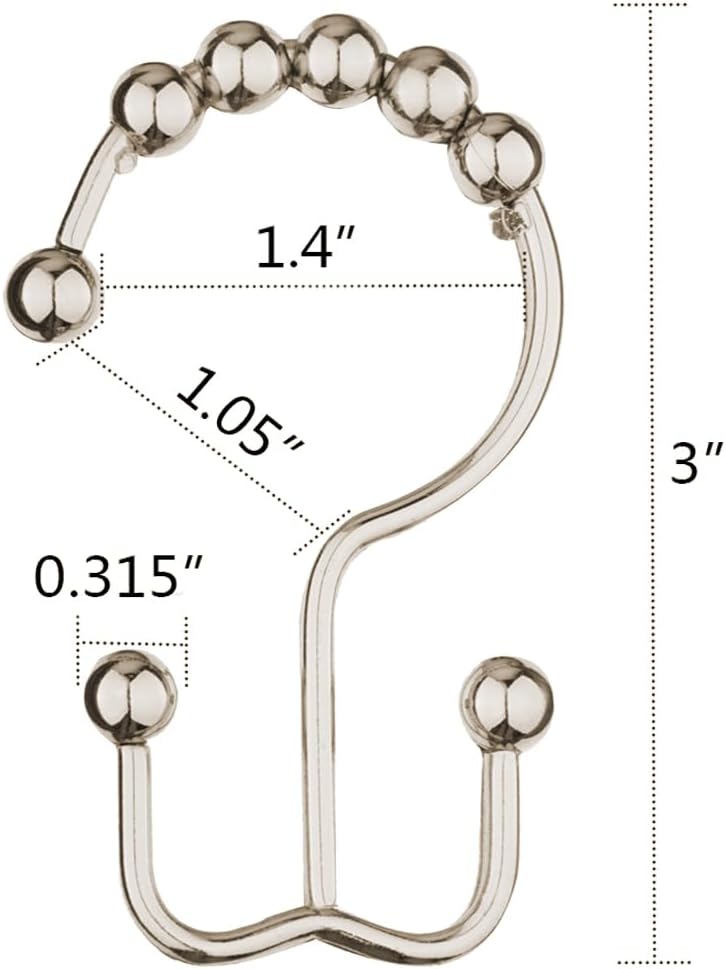 DAWNER Shower Curtain Hooks, Rust Proof Metal Easy Glide Double Rings, Stainless Steel Hangers for Bathroom Curtains, Set of 12, Brushed Nickel