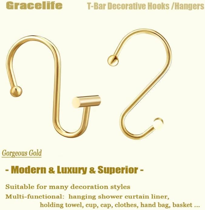 Gracelife Gold Rust Resistant Metal Shower Curtain Rings, Set of 12, T-Bar Hooks for Shower Rod