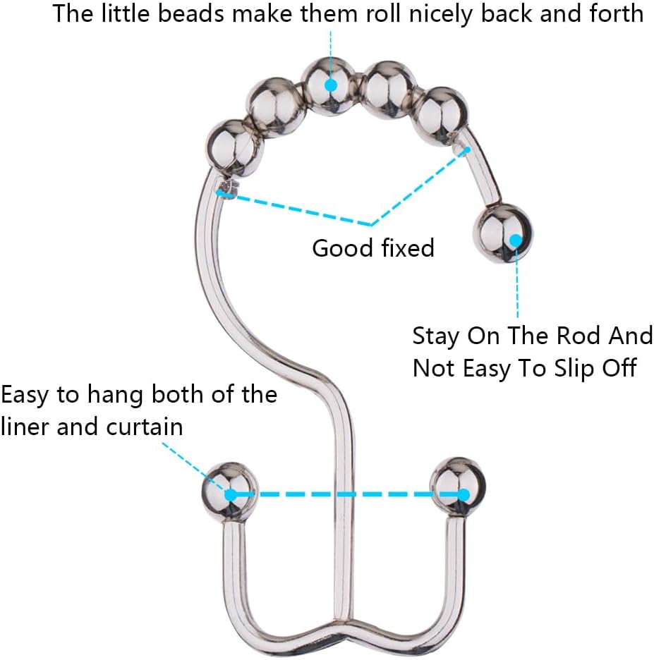 DAWNER Shower Curtain Hooks, Rust Proof Metal Easy Glide Double Rings, Stainless Steel Hangers for Bathroom Curtains, Set of 12, Brushed Nickel