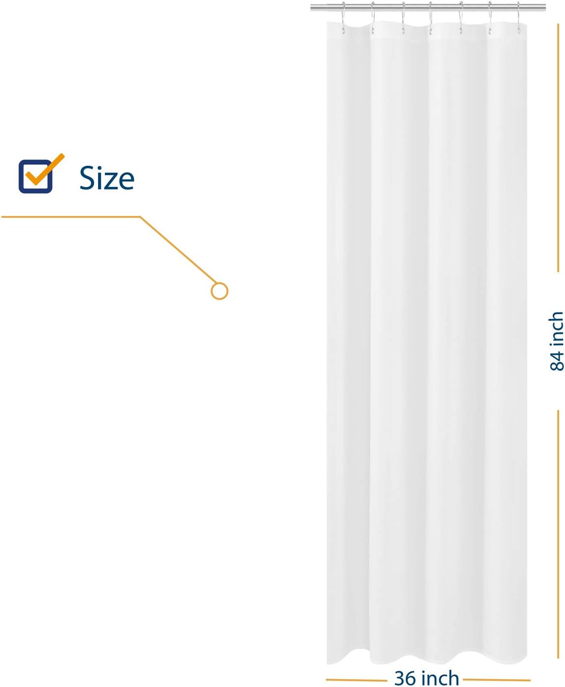 N&Y HOME Fabric Small Stall Shower Curtain Liner Extra Long 36x84, White