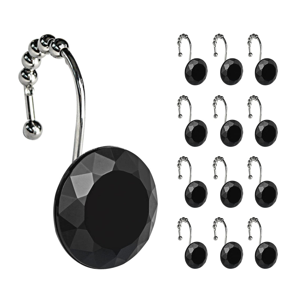Sunlit Round Rhinestone Shower Curtain Hooks with Glide Balls, 12 Pack