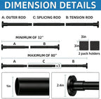 CorkLatta Matte Black Shower Curtain Rod,1 Inch Diameter Stainless Steel Adjustable Spring Tension Rods 32 to 80",with Holders,Anti-Slip,Curtain Rods No Drilling(1 Pack)