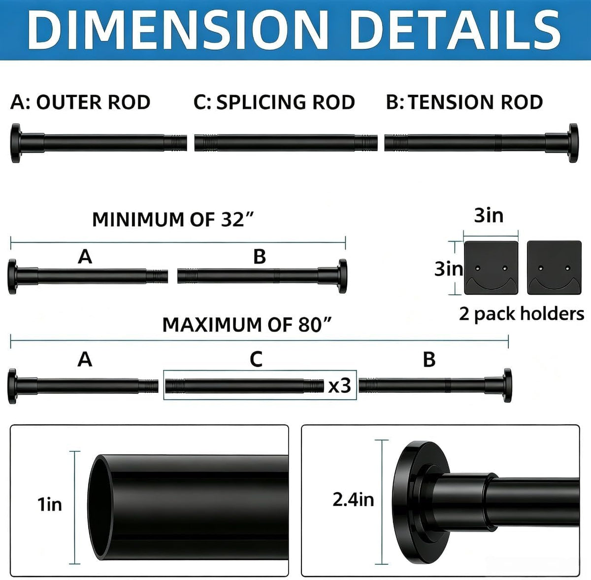 CorkLatta Matte Black Shower Curtain Rod,1 Inch Diameter Stainless Steel Adjustable Spring Tension Rods 32 to 80",with Holders,Anti-Slip,Curtain Rods No Drilling(1 Pack)