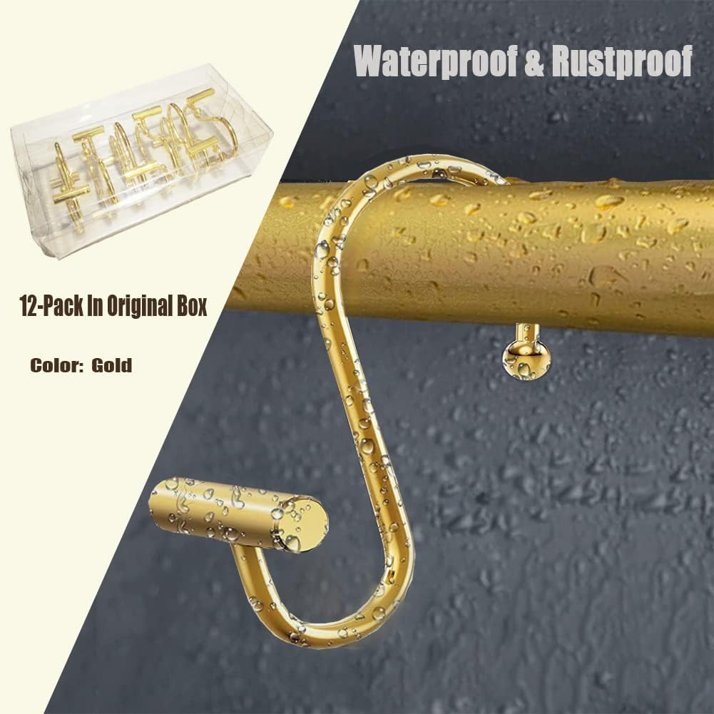 Gracelife Gold Rust Resistant Metal Shower Curtain Rings, Set of 12, T-Bar Hooks for Shower Rod