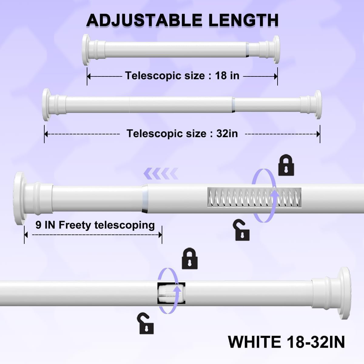 White Short Shower Curtain Rod 18-32 Inch, Non-Slip, Stainless Steel