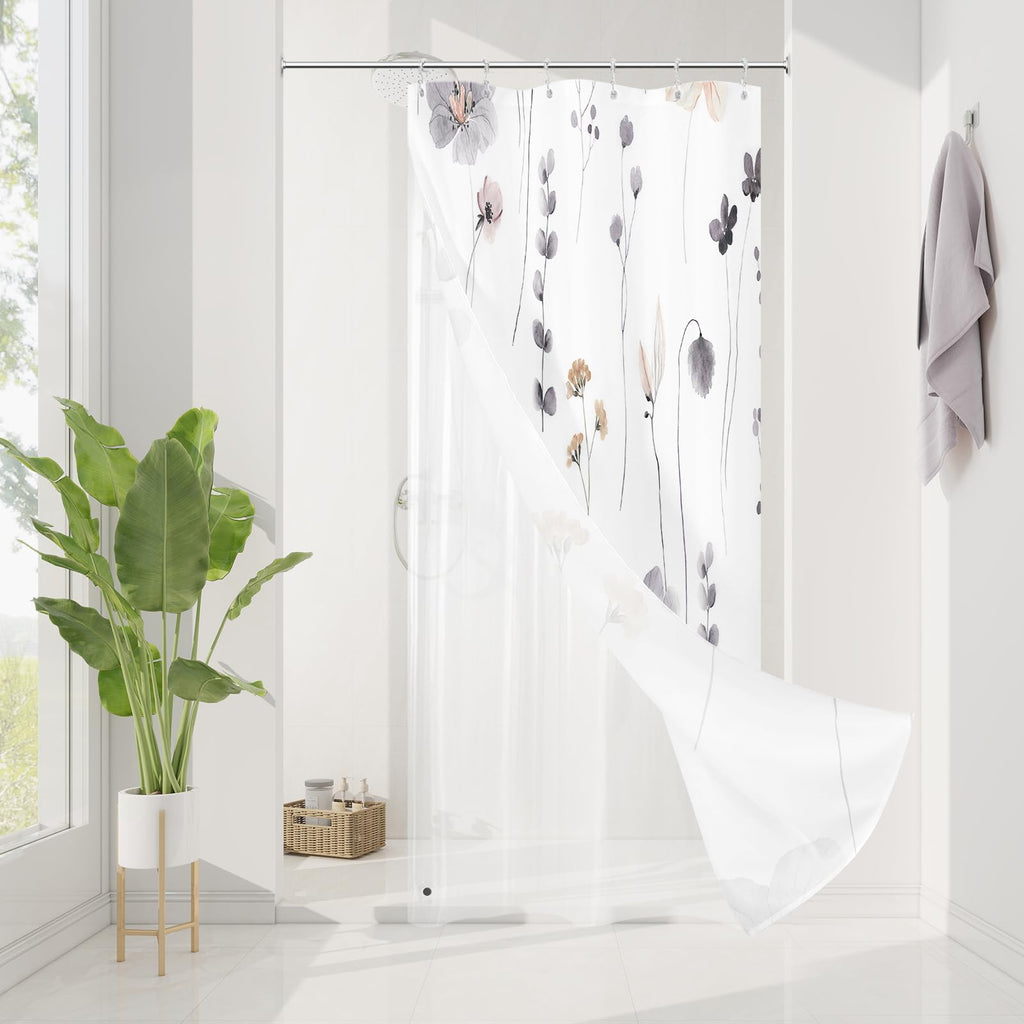 Gibelle 3 in 1 Sage Green Watercolor Floral Shower Curtain Liner Set, 72x72