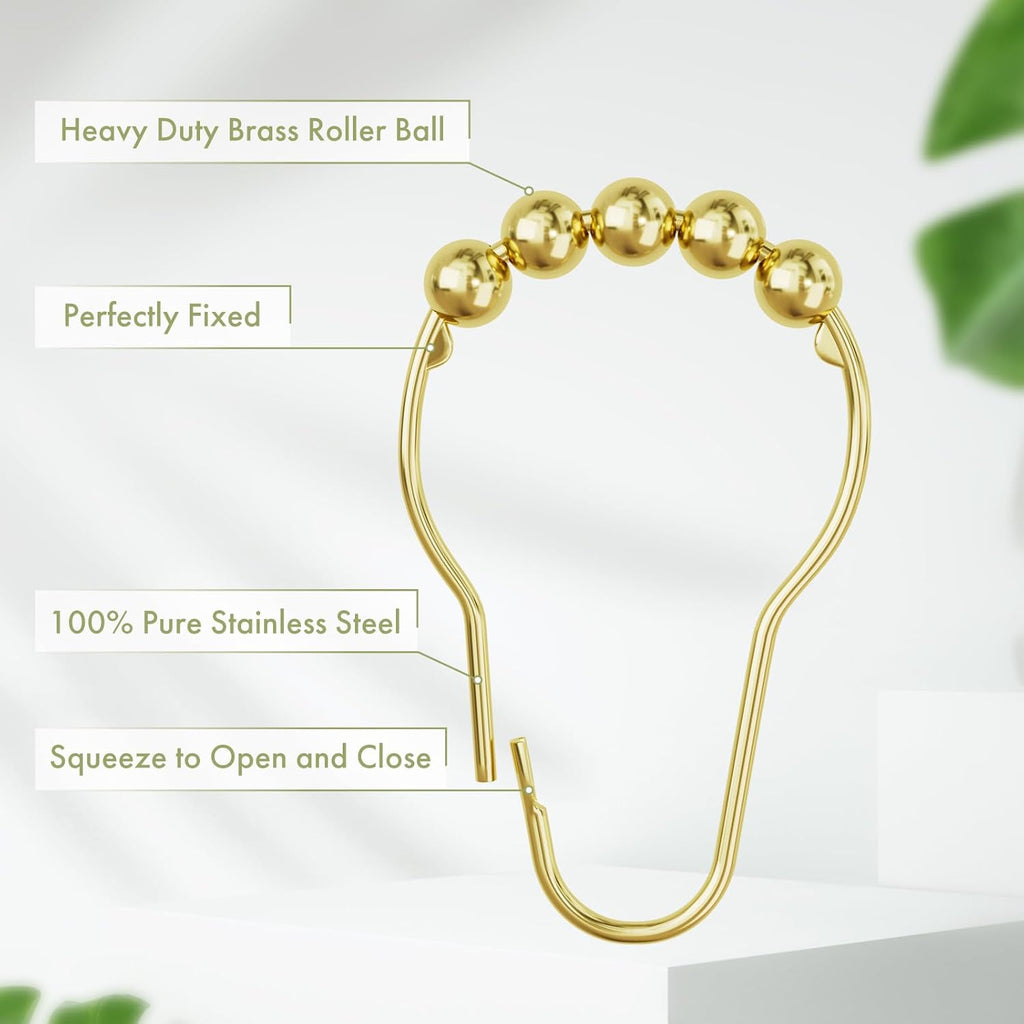 Gold Shower Curtain Hooks, Amazer Shower Curtain Rings Hooks, 12 Pcs Stainless Steel Shower Hooks for Shower Curtain, Rust Proof Shower Curtain Hooks, Shower Hooks for Curtain Bathroom