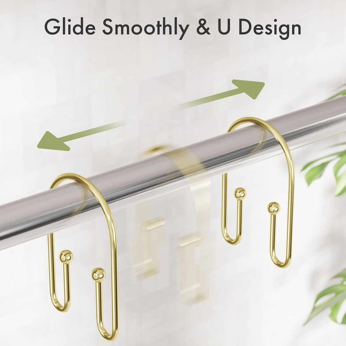 AmazerBath Shower Curtain Hooks, Gold Shower Curtain Hooks Rust Proof, Non-Slip Simple Double Hook Shower Curtain Hooks for Shower Curtain, Sturdy Shower Curtain Rings, 12Pcs