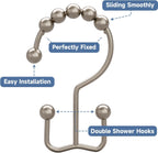Titanker Shower Curtain Hooks Rings, Rust-Resistant Metal Double Glide Shower Hooks for Bathroom Shower Rods Curtains, Set of 12 Hooks - Matte Nickel