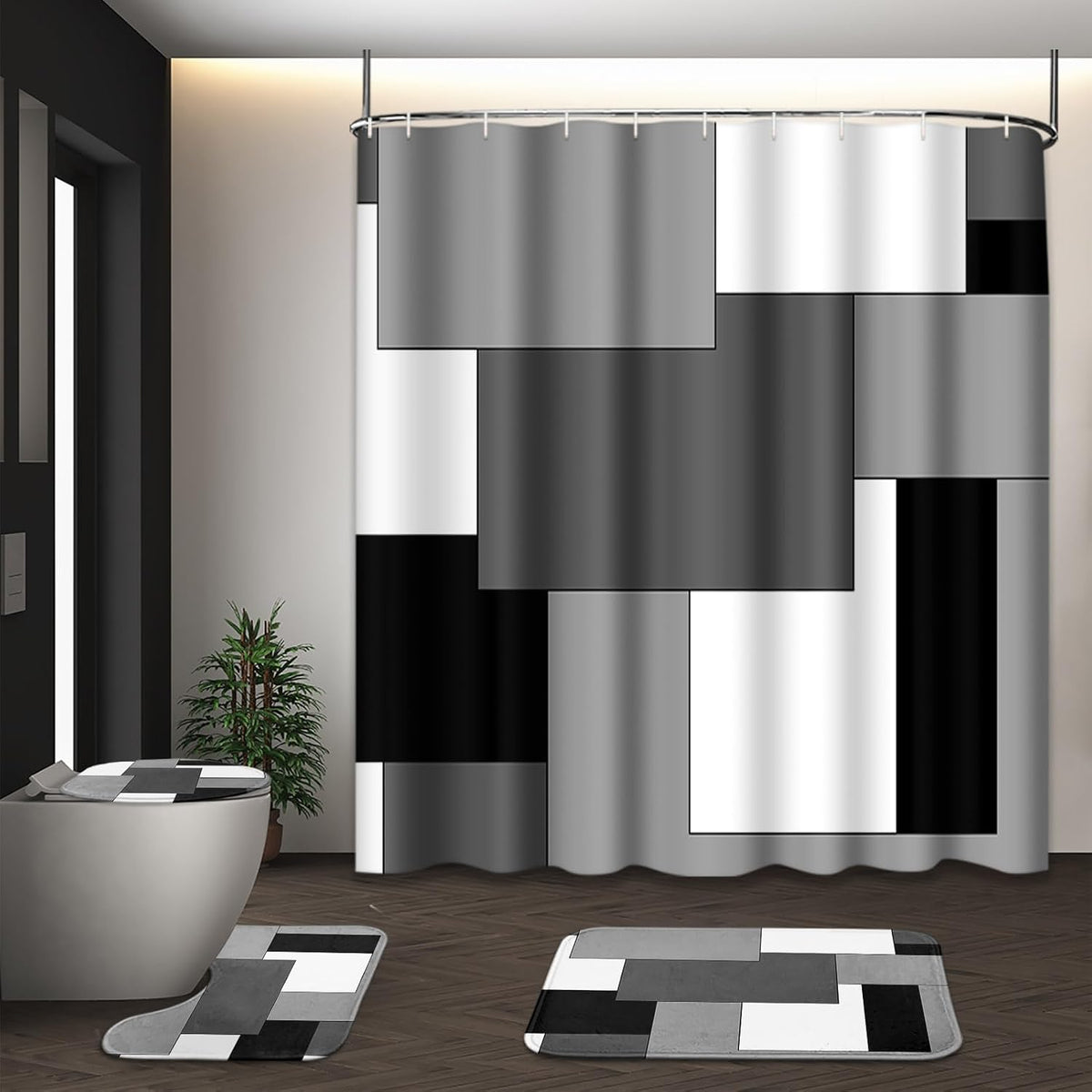 Bathroom Sets with Shower Curtain and Rugs, Set of 4, Checkered