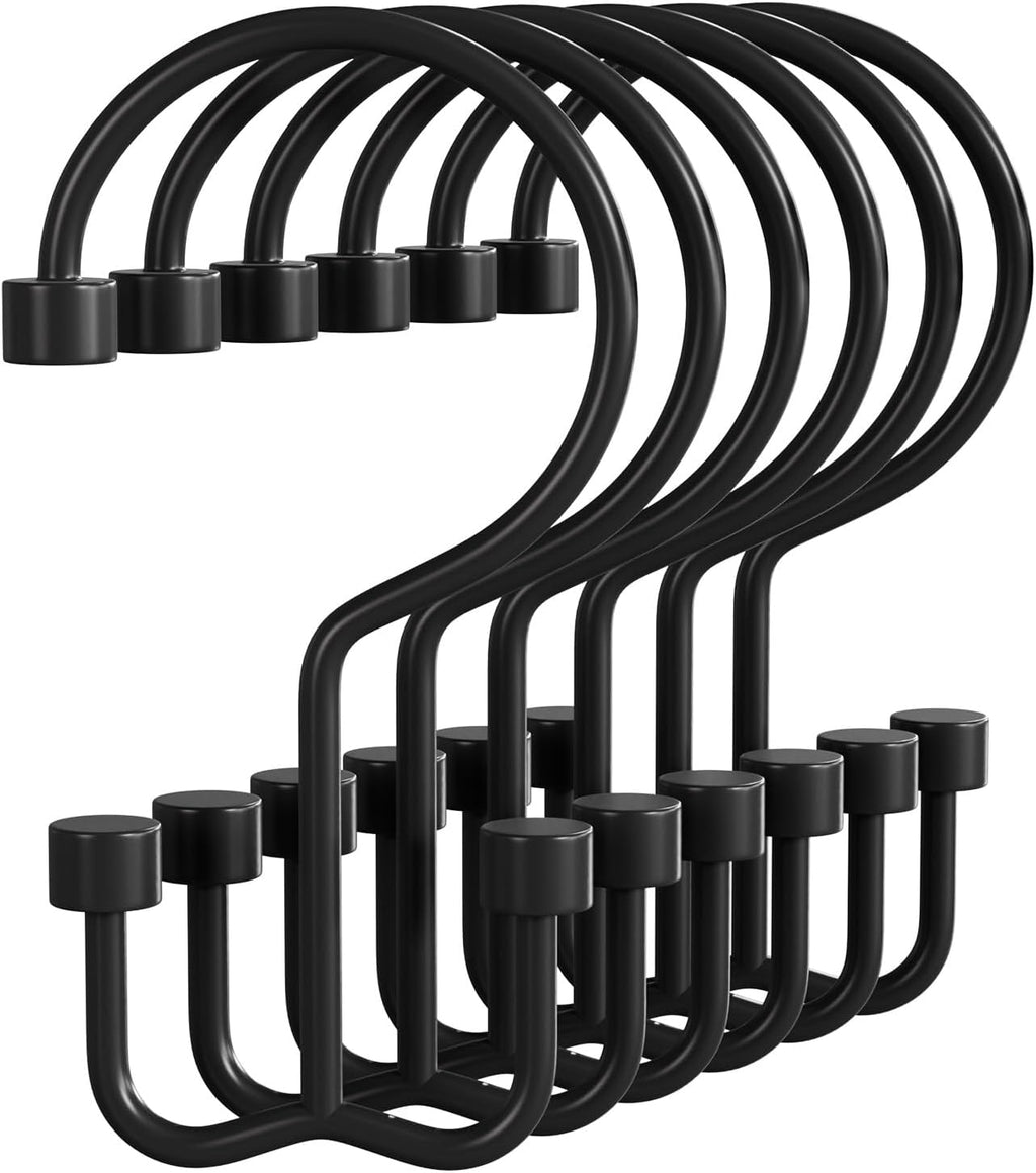 Bathway Shower Curtain Hooks Matte Black Shower Curtain Rings, 12 Pcs Double Hook Shower Curtain Hooks Rings Shower Curtain Hangers Rust Proof, Metal Shower Hooks for Bathroom Shower Curtain Rod