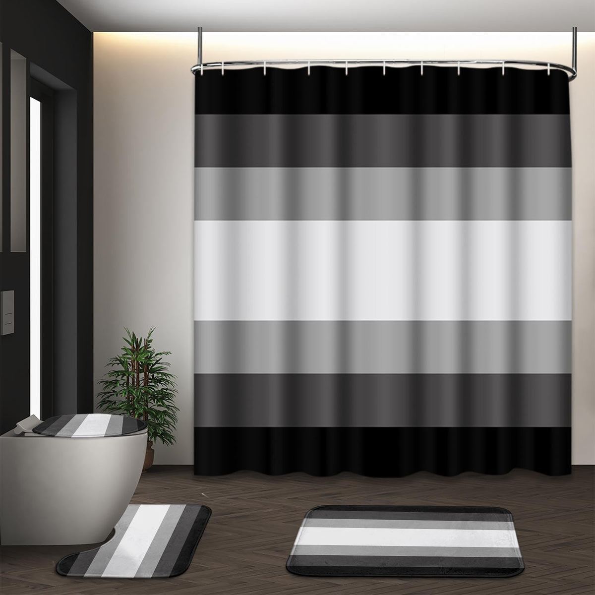 Bathroom Sets with Shower Curtain and Rugs, Set of 4, Checkered
