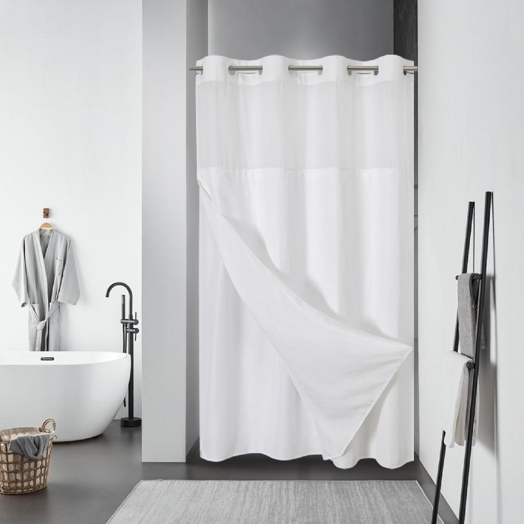 eachope No Hook Waffle Shower Curtain with Snap-in Liner, 71x74 Inch, White