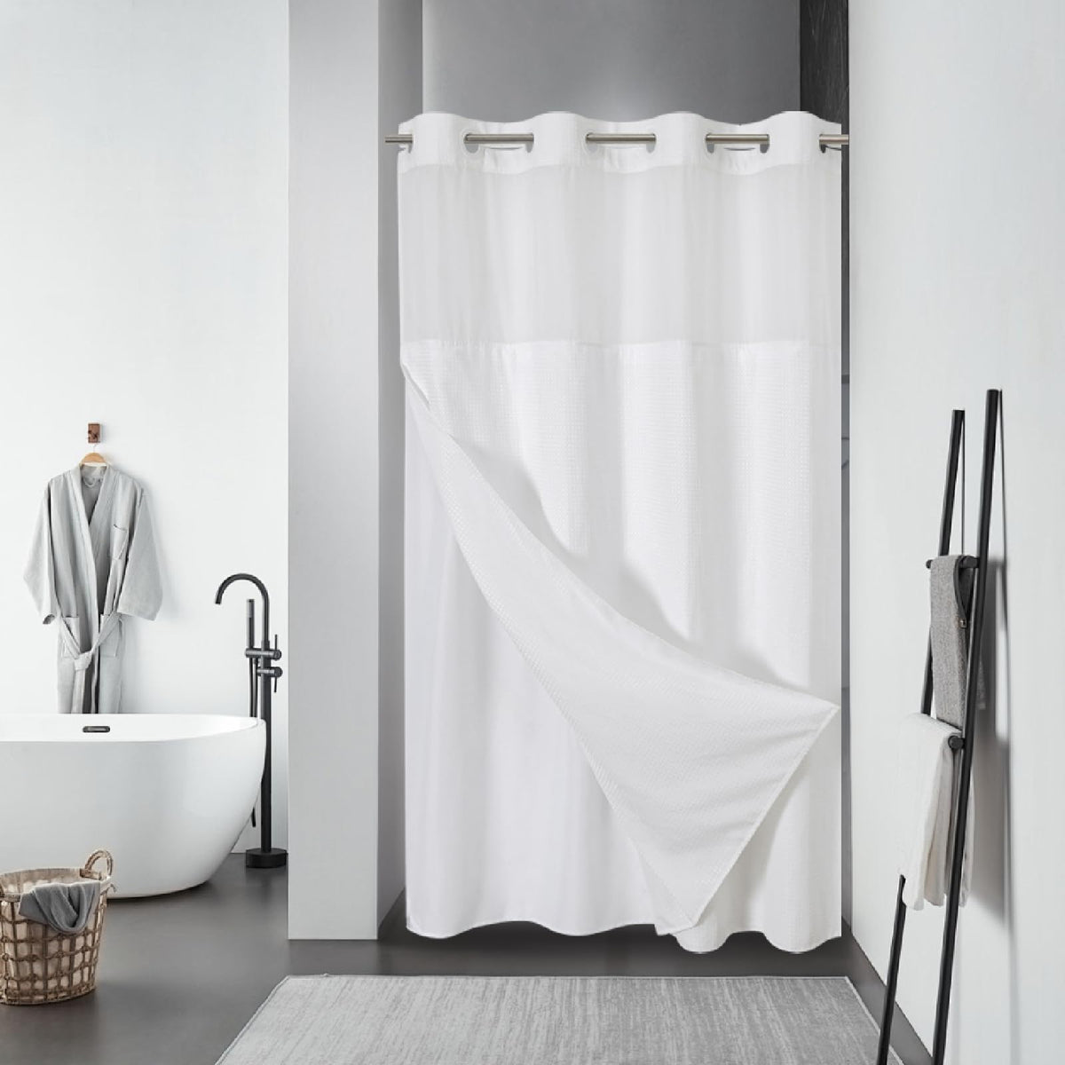 eachope No Hook Waffle Shower Curtain with Snap-in Liner, 71x74 Inch, White