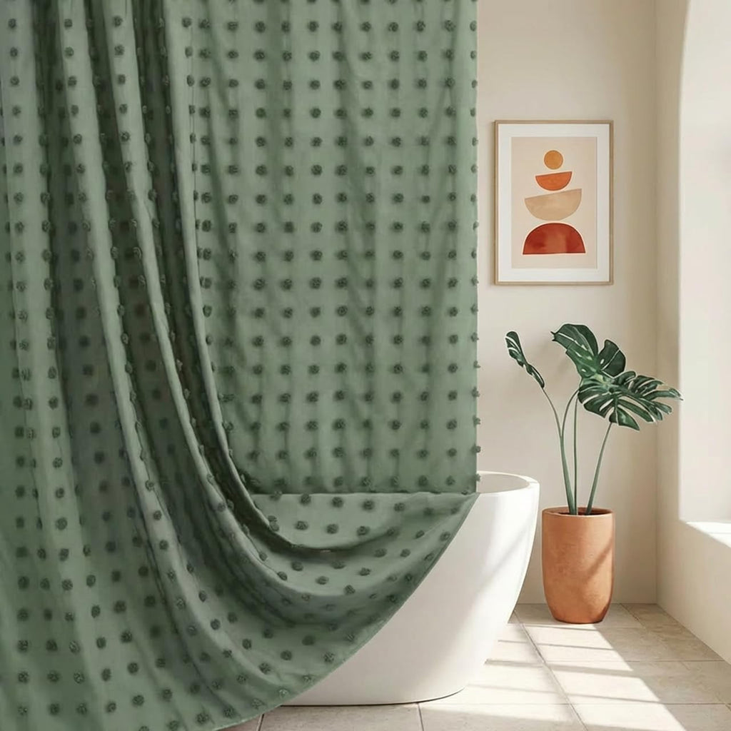 Extra Long Green Boho Shower Curtain Woven Fabric Cute 84 Inch Shower Curtain, 72 x 84 Tufted Pleat Floral Puffs Textured Modern Farmhouse Minimalist Shower Curtain Set with Hooks for Bathroom