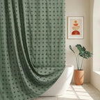 Extra Long Green Boho Shower Curtain Woven Fabric Cute 84 Inch Shower Curtain, 72 x 84 Tufted Pleat Floral Puffs Textured Modern Farmhouse Minimalist Shower Curtain Set with Hooks for Bathroom