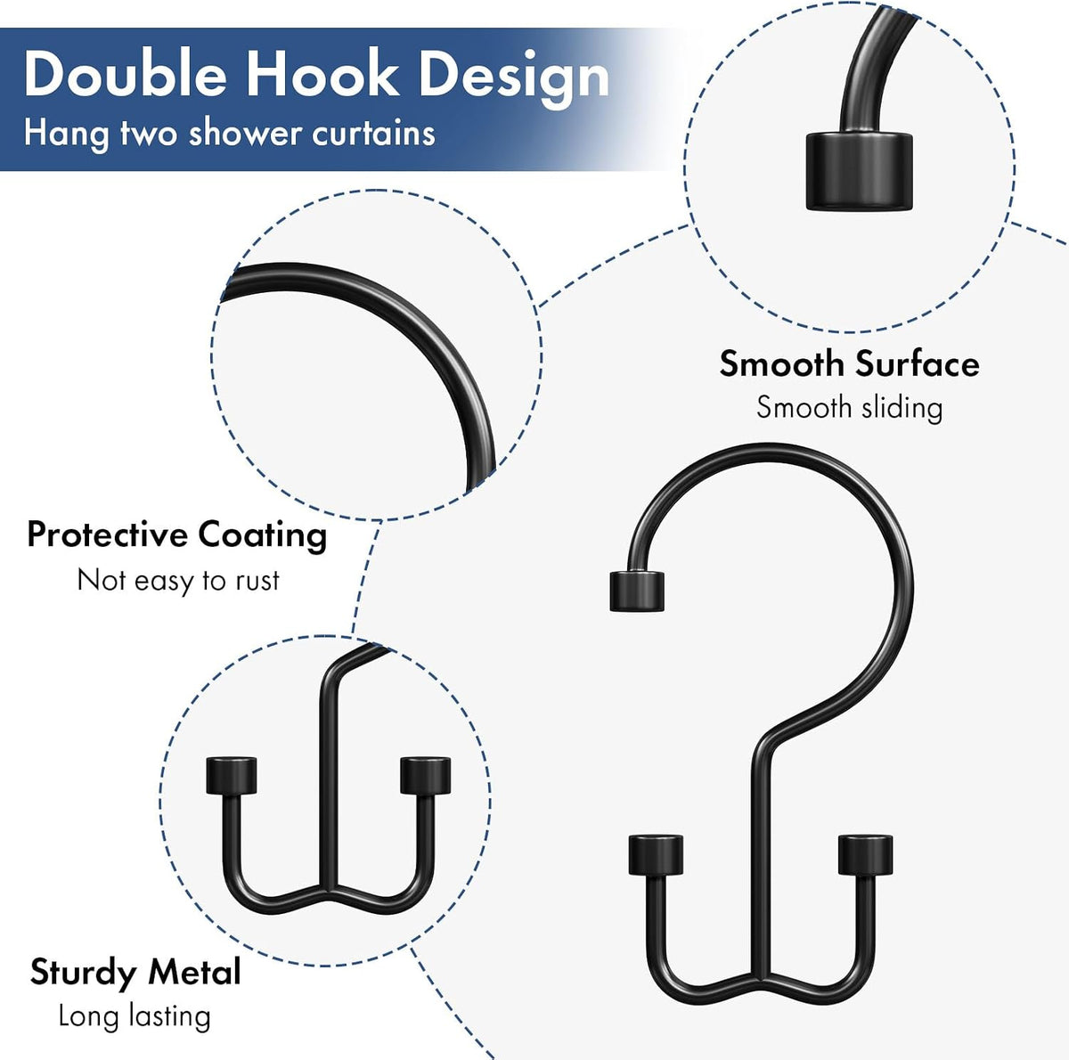 Bathway Shower Curtain Hooks Matte Black Shower Curtain Rings, 12 Pcs Double Hook Shower Curtain Hooks Rings Shower Curtain Hangers Rust Proof, Metal Shower Hooks for Bathroom Shower Curtain Rod