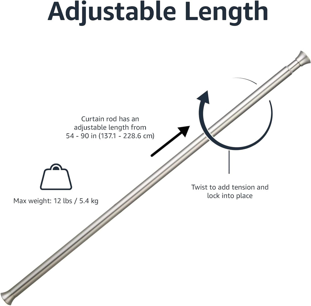 Amazon Basics No Drilling Spring Tension Curtain Rod, Adjustable Length 54-90" Width, Classic Finial, Nickel