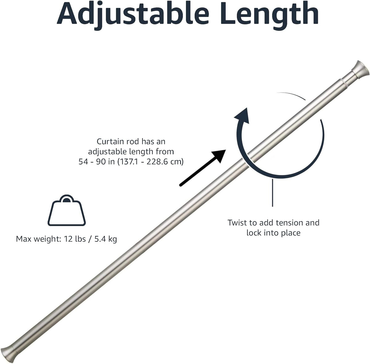 Amazon Basics No Drilling Spring Tension Curtain Rod, Adjustable Length 54-90" Width, Classic Finial, Nickel