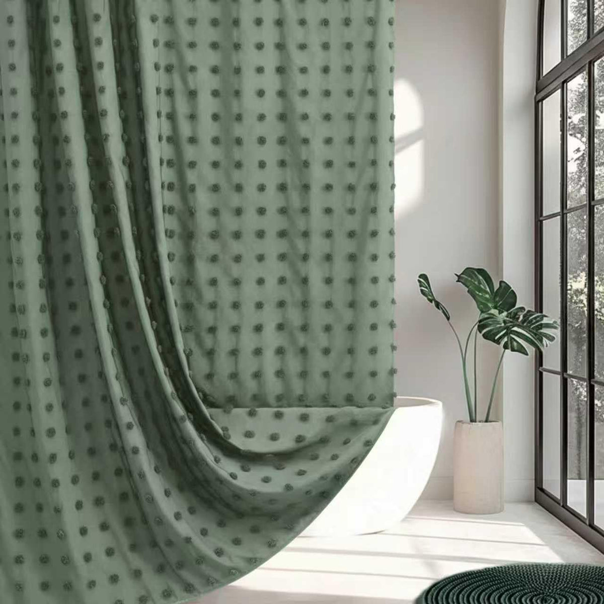 Extra Long Green Boho Shower Curtain Woven Fabric Cute 84 Inch Shower Curtain, 72 x 84 Tufted Pleat Floral Puffs Textured Modern Farmhouse Minimalist Shower Curtain Set with Hooks for Bathroom