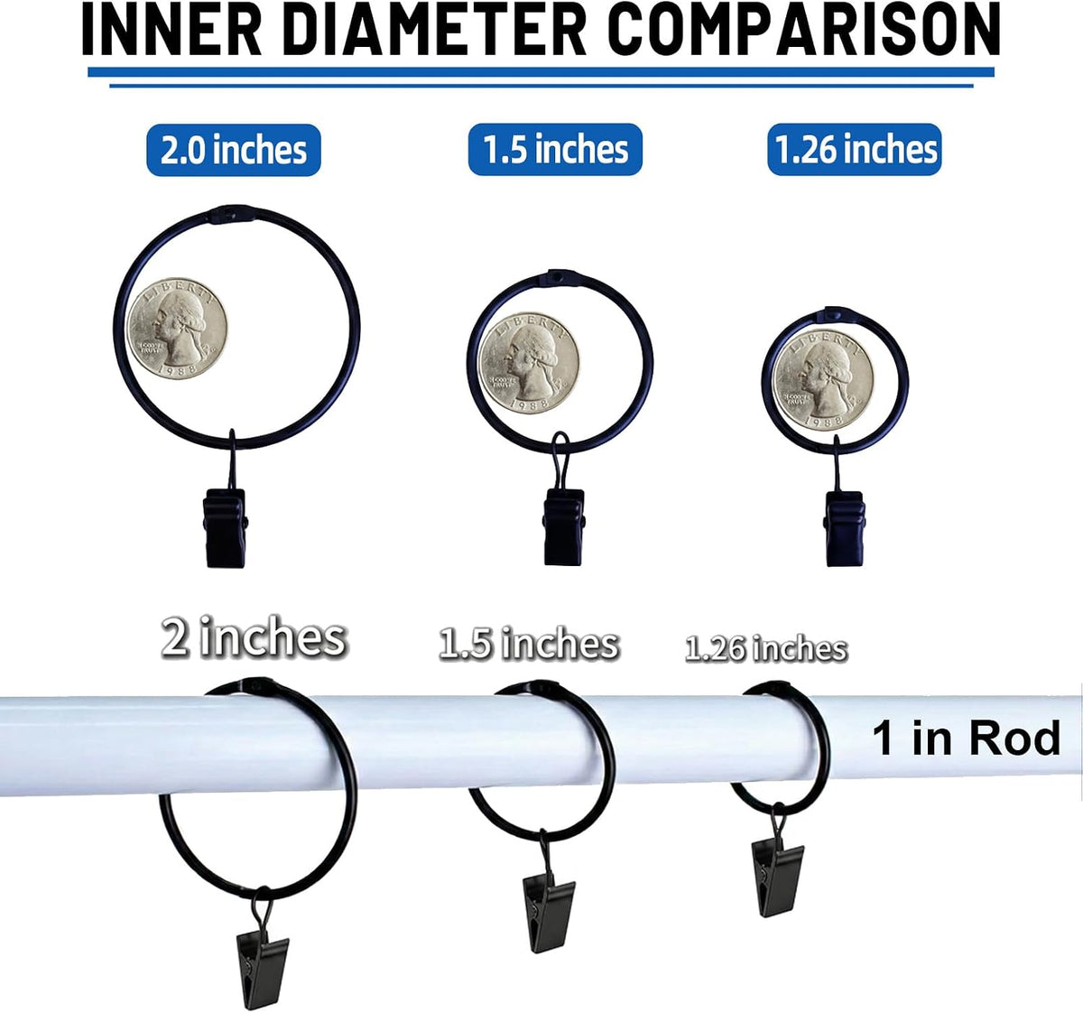 24 Pack 2 Inches Openable Curtain Rings with Clips