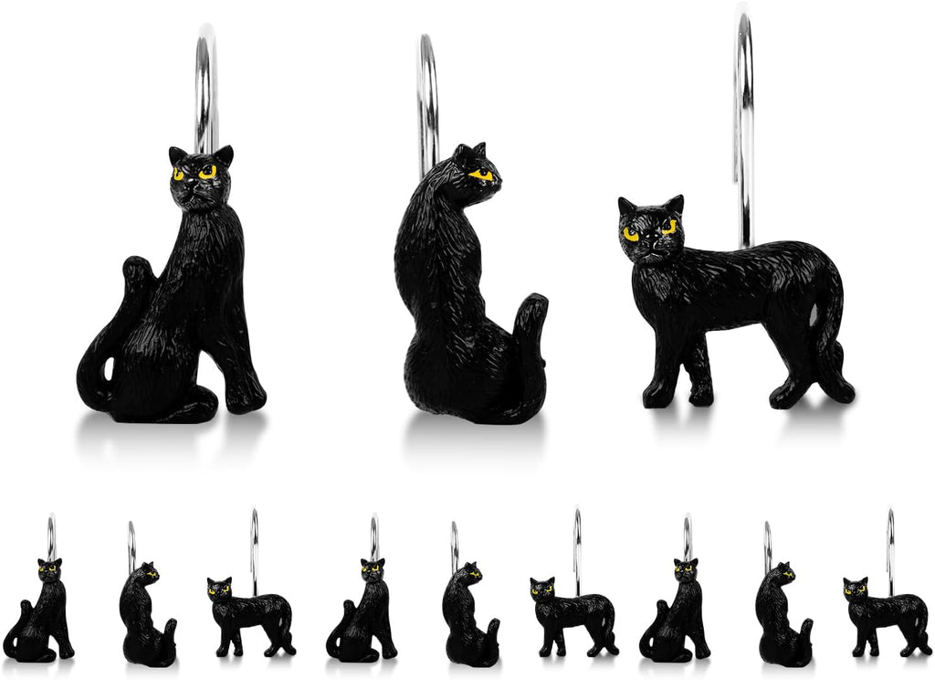 Black Cat Shower Curtain Hooks Set of 12, Decorative Resin Shower Rings