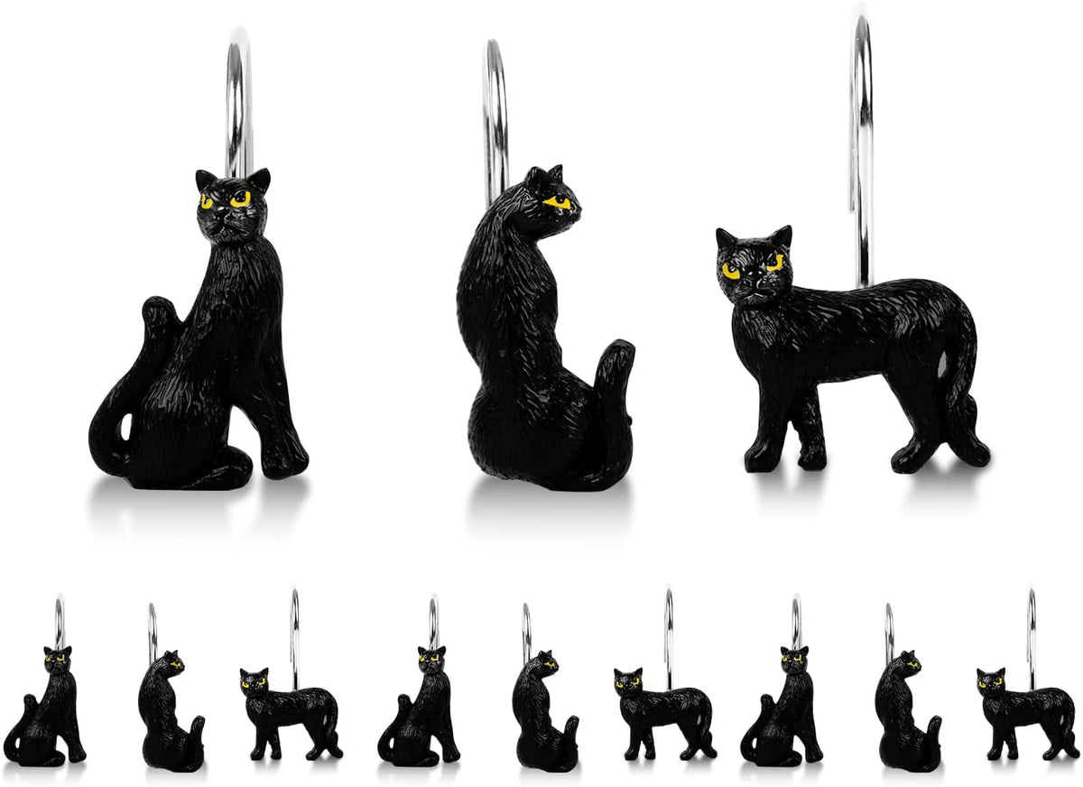 Black Cat Shower Curtain Hooks Set of 12, Decorative Resin Shower Rings