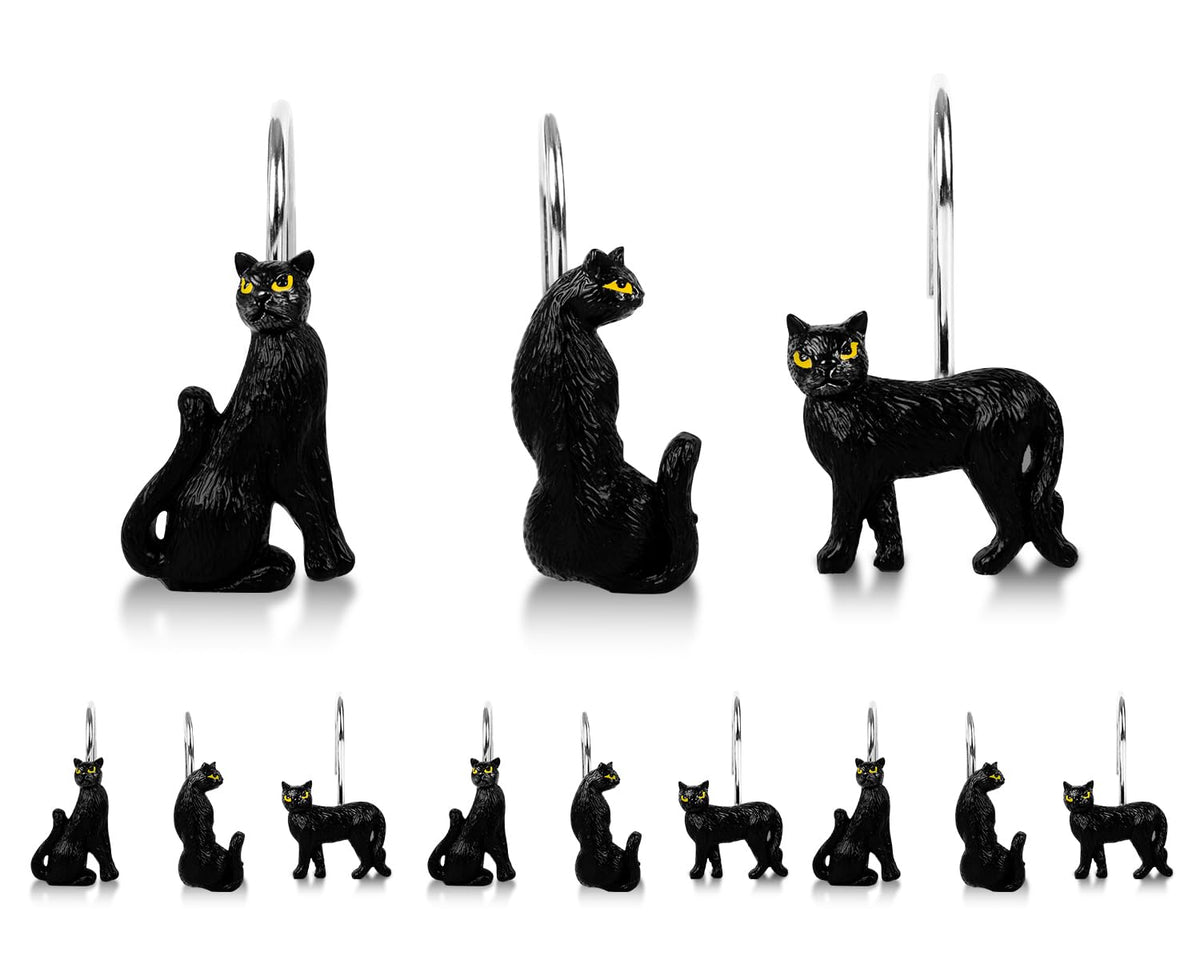 Black Cat Shower Curtain Hooks Set of 12, Decorative Resin Shower Rings