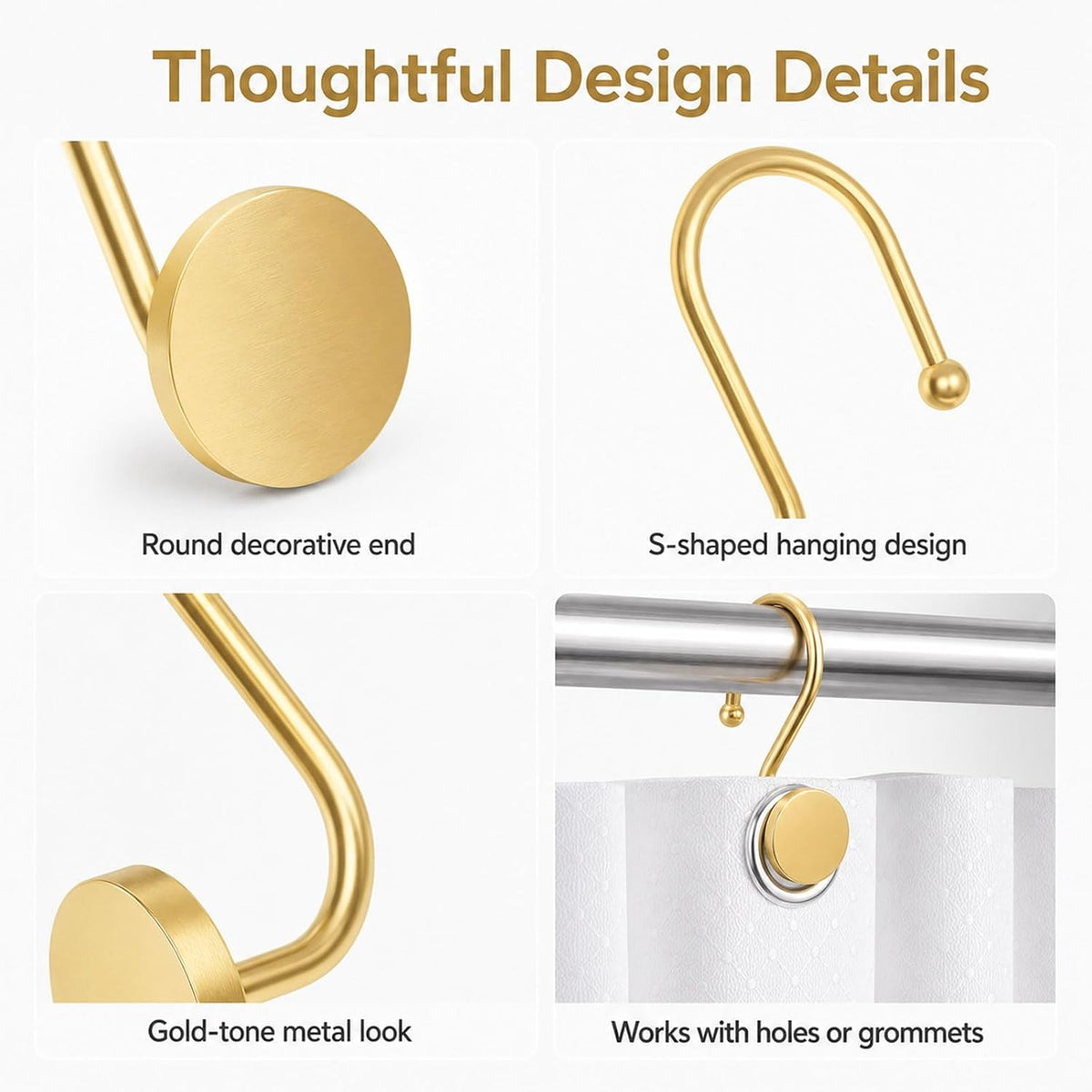 Gold Shower Curtain Hooks, 12 Pack S-Shaped Iron Rings for Bathroom Curtains and Liners, Decorative Metal Shower Hooks for Grommet Curtains, Easy Hanging