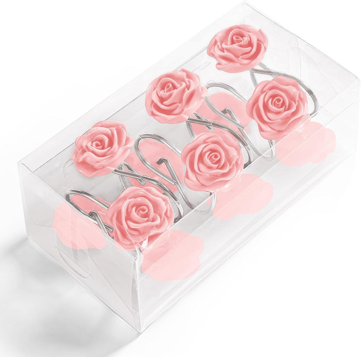 Cute Rose Floral Shower Curtain Hooks Rings for Bathroom,Pink 12PCS