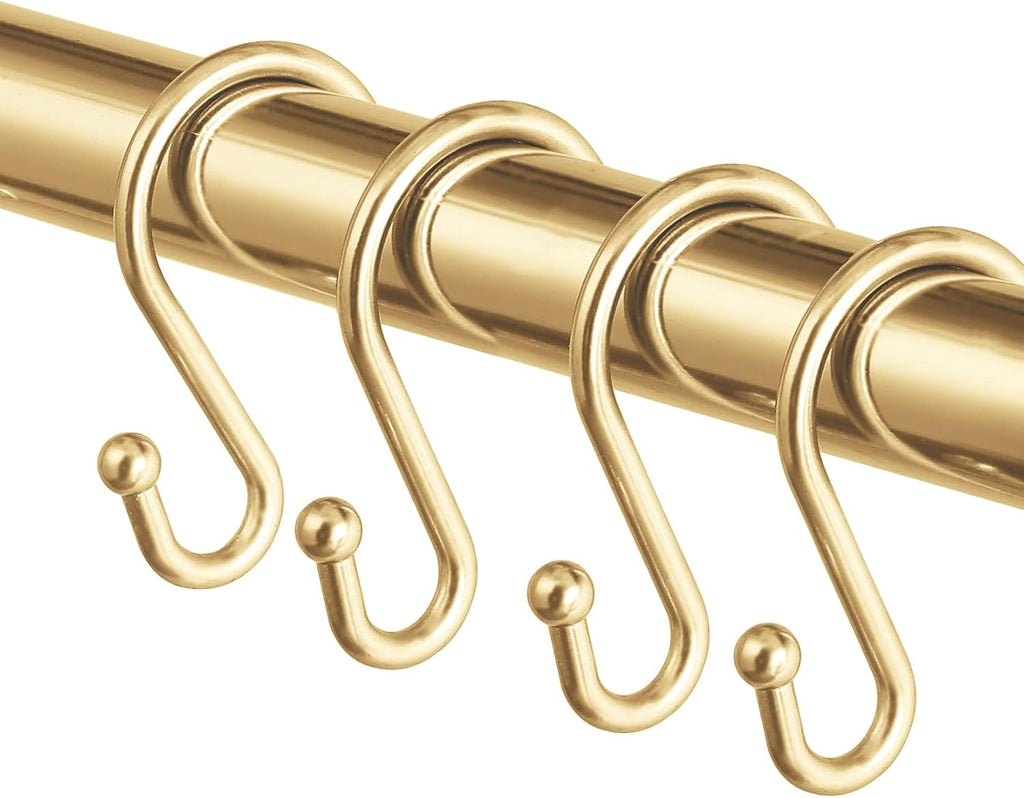 Metal Shower Curtain Hooks，Set of 12 Rings，Rust Resistant S Shaped Hooks Hangers for Shower Curtains, Kitchen Utensils, Clothing, Towels, etc. (Gold)