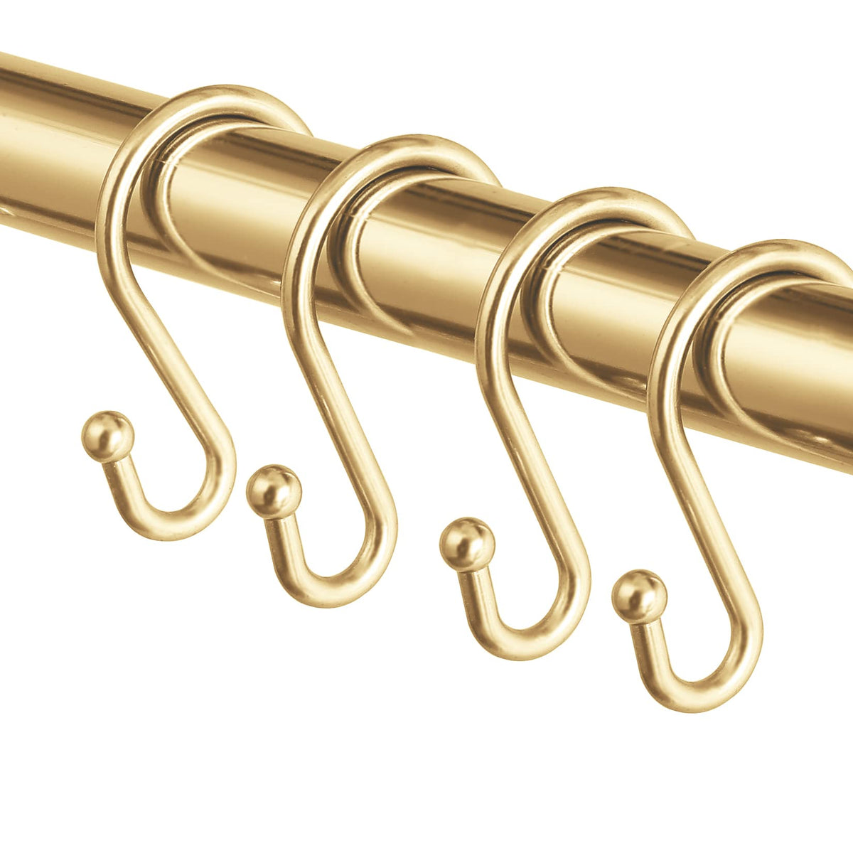Metal Shower Curtain Hooks，Set of 12 Rings，Rust Resistant S Shaped Hooks Hangers for Shower Curtains, Kitchen Utensils, Clothing, Towels, etc. (Gold)