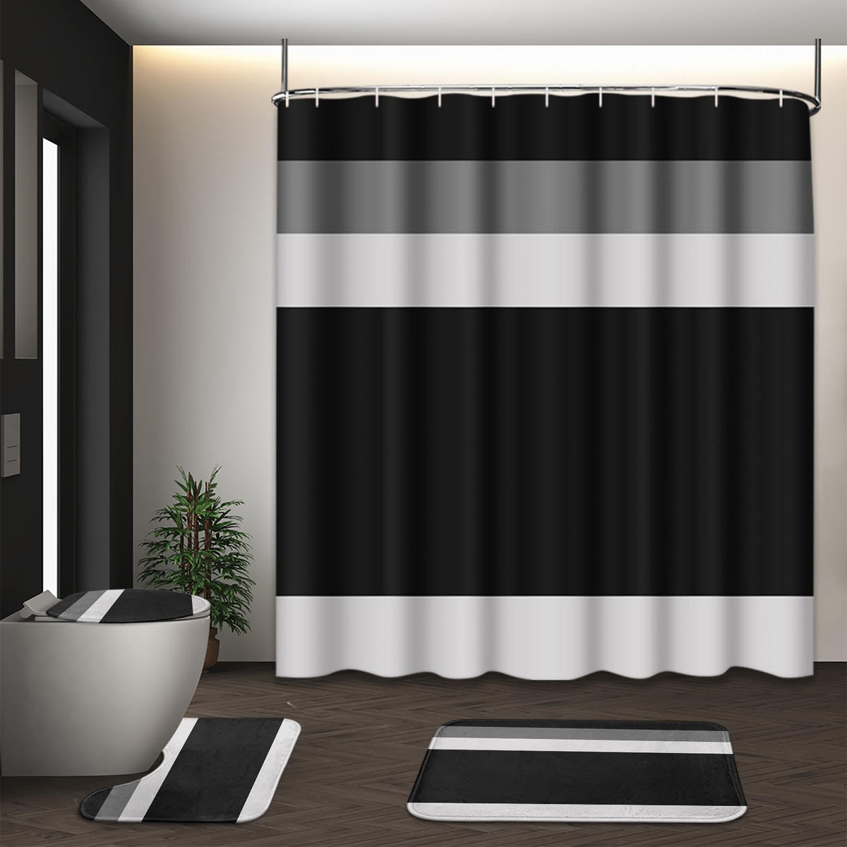 Bathroom Sets with Shower Curtain and Rugs, Set of 4, Checkered