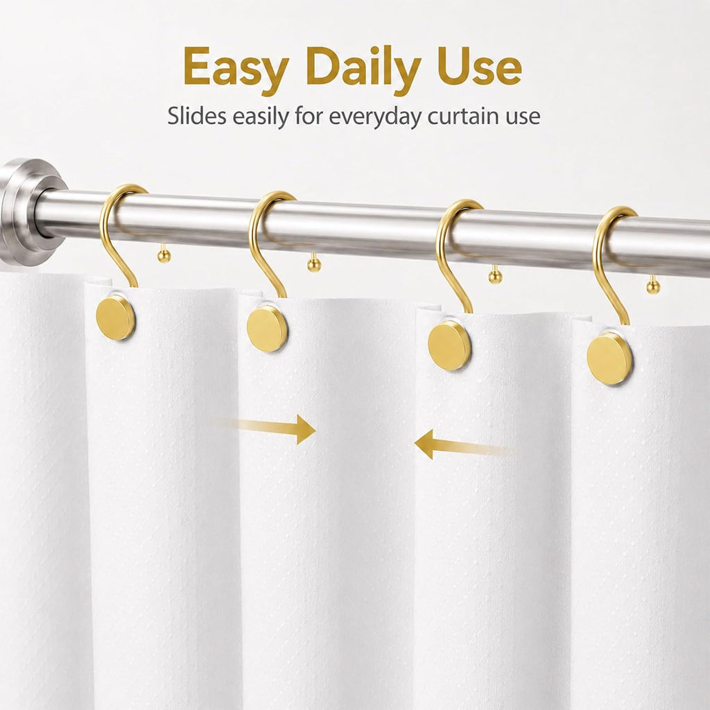 Gold Shower Curtain Hooks, 12 Pack S-Shaped Iron Rings for Bathroom Curtains and Liners, Decorative Metal Shower Hooks for Grommet Curtains, Easy Hanging