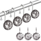 12PCS Shower Curtain Hooks Rings for Bathroom, Stainless Steel Metal Crystal Rhinestones Bling Rust Proof Shower Curtain Rings Hangers for Shower Curtain Decorative, Round Heavy Duty Hooks (Clear)