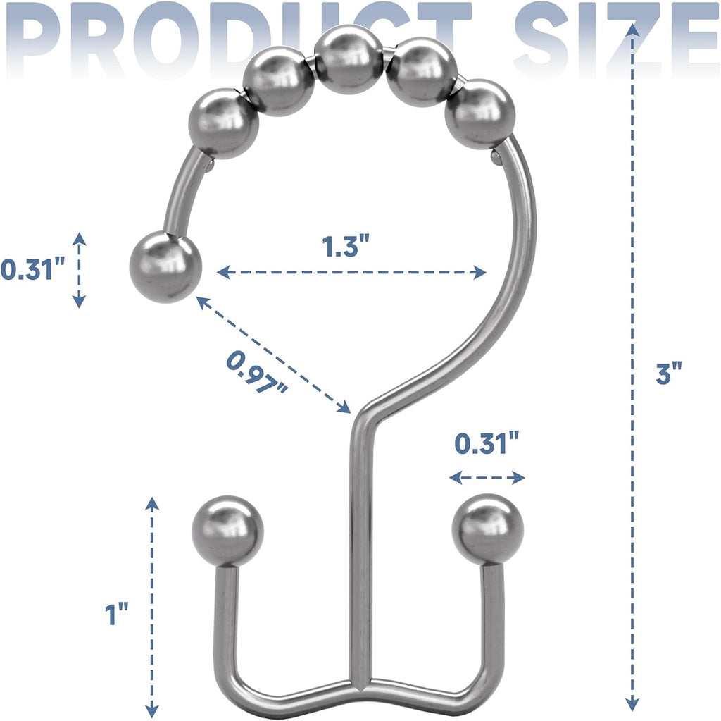 Titanker Double Shower Curtain Hooks, Rust Proof Shower Curtain Rings, Metal Shower Hooks for Bathroom Shower Rods Curtains, Set of 12 Hooks - Chrome