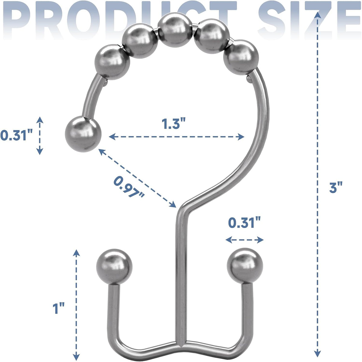 Titanker Double Shower Curtain Hooks, Rust Proof Shower Curtain Rings, Metal Shower Hooks for Bathroom Shower Rods Curtains, Set of 12 Hooks - Chrome