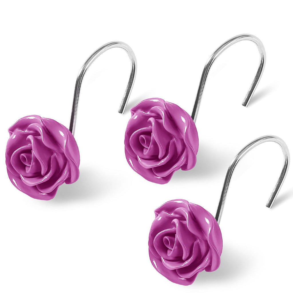 Cute Rose Floral Shower Curtain Hooks Rings for Bathroom,Pink 12PCS