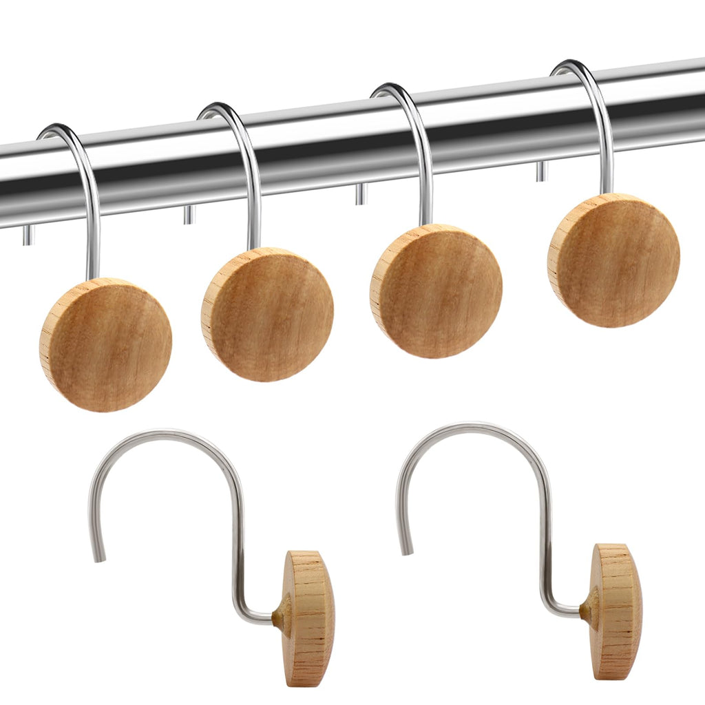 Shower Curtain Hooks, Wood Decorative Shower Curtain Rings, Modern Round Log Shower Curtain Hangers, 12PCS Shower Hooks for Shower Curtain Rod, Bedroom, Living Room (Black)