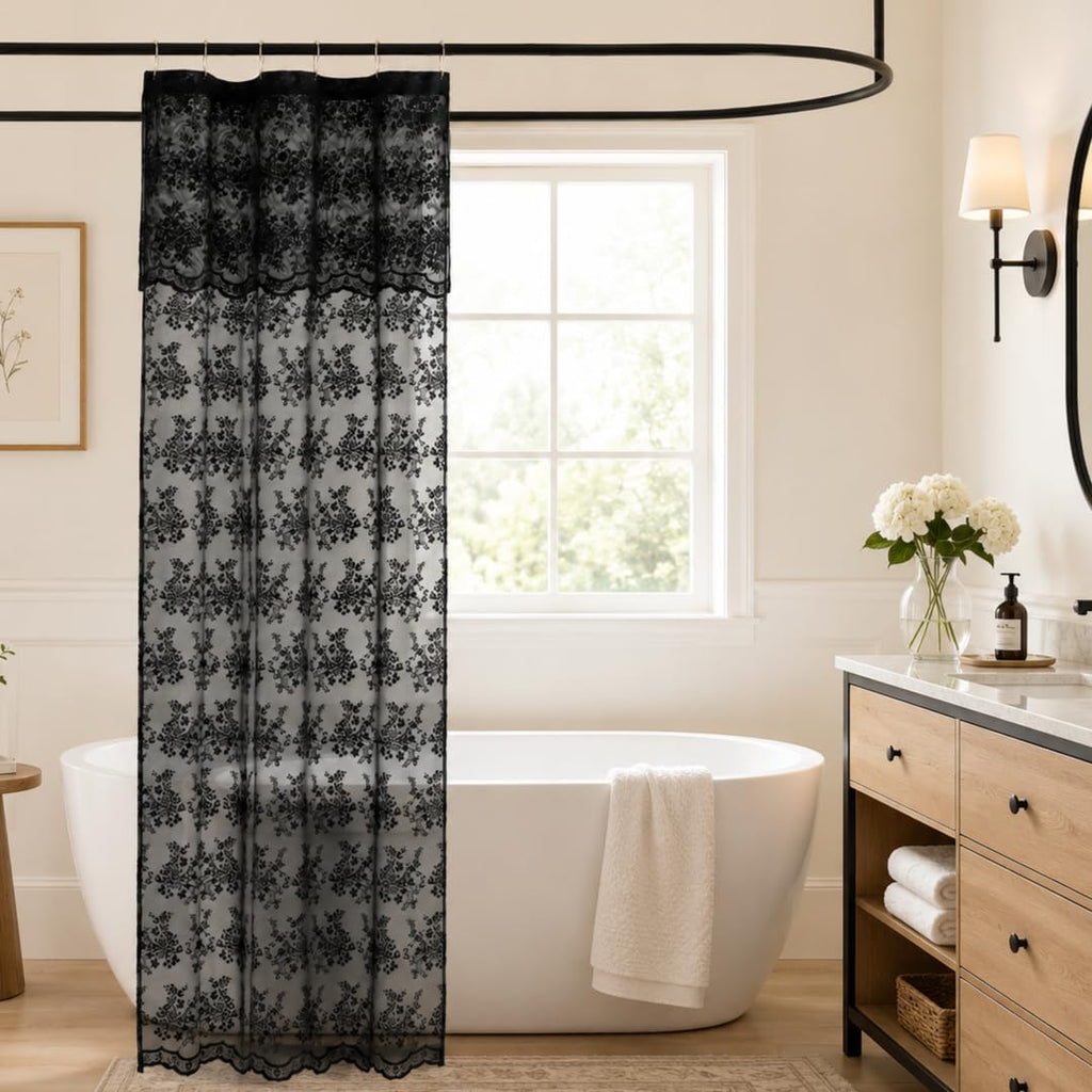 TUDECO Lace Brown Shower Curtain with Attached Valance, 72 x 72 Inch