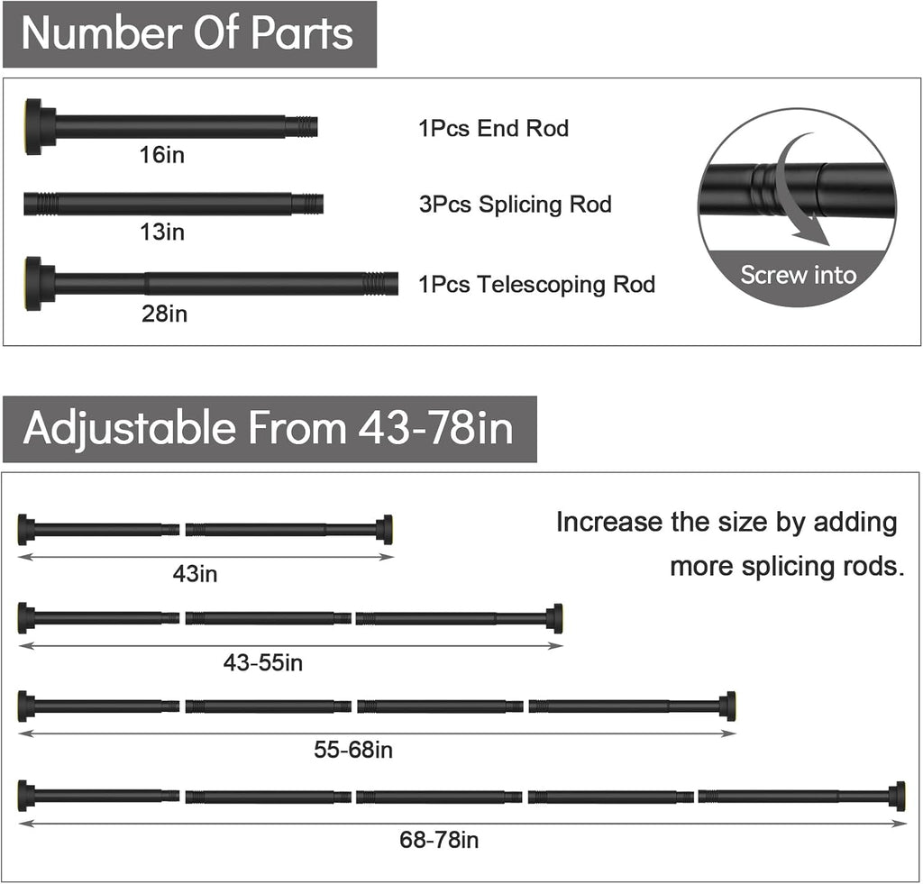 Thestoa Shower Curtain Rod Adjustable 43-78 inch, 1"Diameter Spring Tension Curtain Rod No Drill, Anti-Rust Non-Slip Shower Rod, Black Shower Curtain Rod for Bathroom Tension