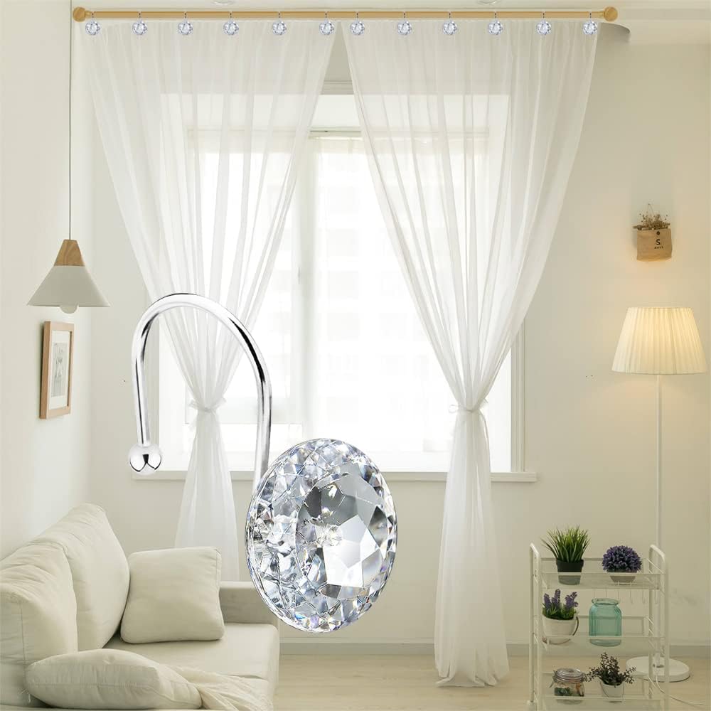 12PCS Shower Curtain Hooks Rings for Bathroom, Stainless Steel Metal Crystal Rhinestones Bling Rust Proof Shower Curtain Rings Hangers for Shower Curtain Decorative, Round Heavy Duty Hooks (Clear)