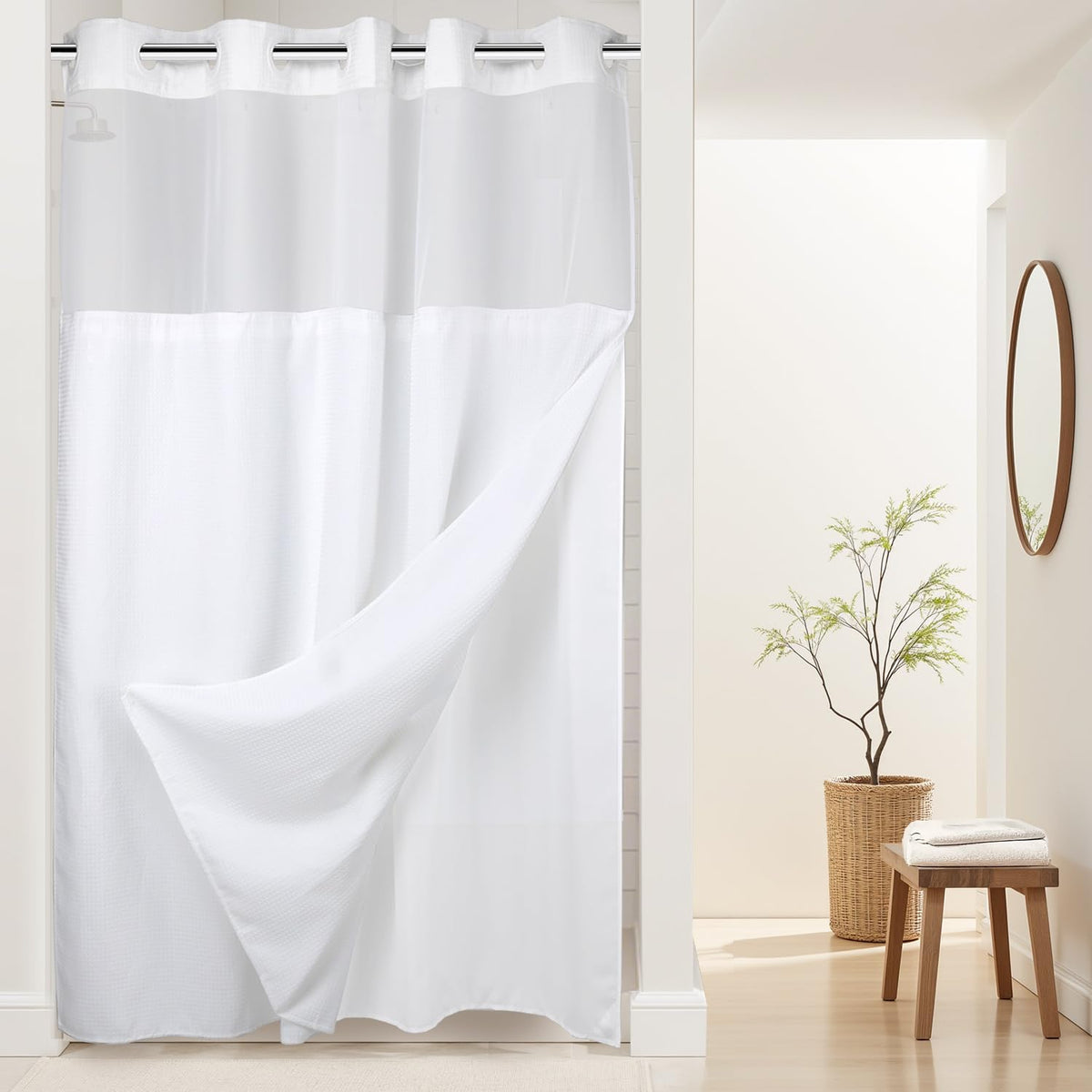 RiverDream Heavyweight Waffle No Hook Shower Curtain with Liner,White,71x74