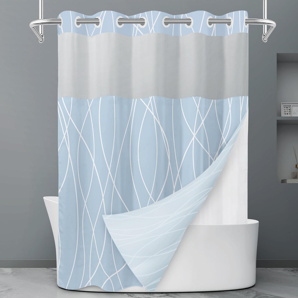 LXBNI Ringless Shower Curtain with Snap-in Liner, Gray White, 71 x 74 Inch