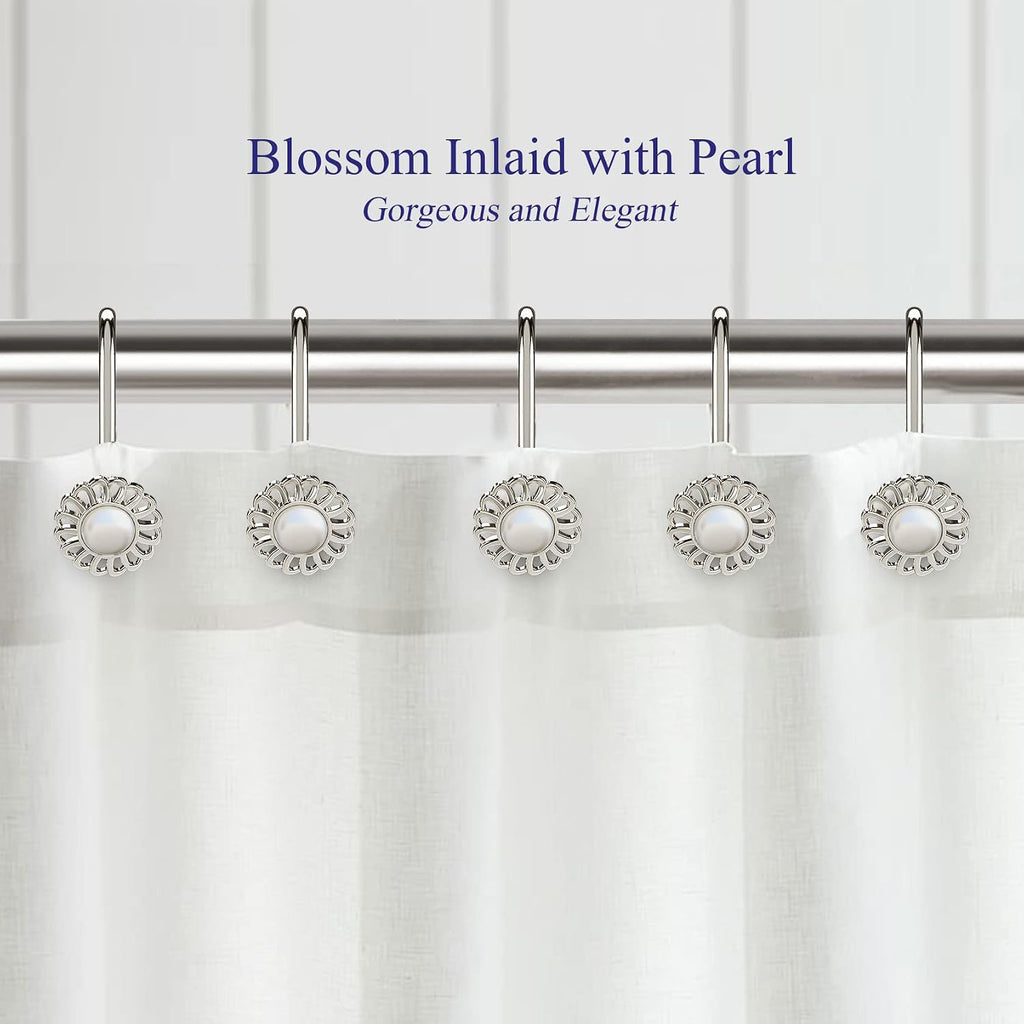 Nickel Shower Curtain Hooks Rings, Decorative Shower Curtain Hangers, Heavy Duty Metal Shower Rings, Sunflower Shower Hooks for Shower Curtain Rod and Liner, Bathroom Curtain Hooks, Set of 12