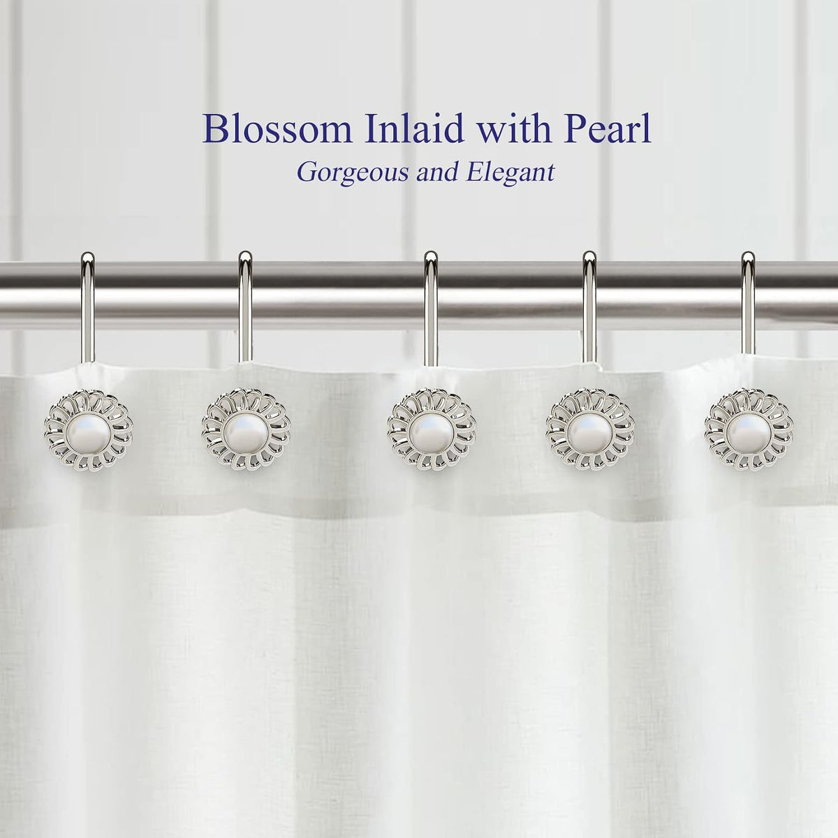 Nickel Shower Curtain Hooks Rings, Decorative Shower Curtain Hangers, Heavy Duty Metal Shower Rings, Sunflower Shower Hooks for Shower Curtain Rod and Liner, Bathroom Curtain Hooks, Set of 12