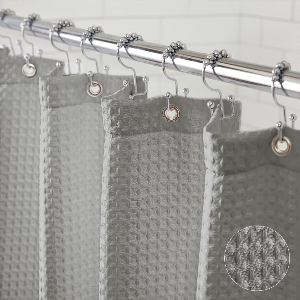 GORILLA GRIP White Waffle Style Textured Fabric Shower Curtain, 72x72