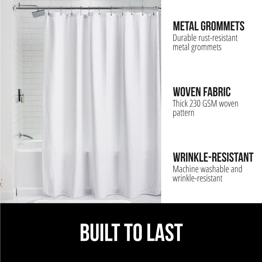 GORILLA GRIP White Waffle Style Textured Fabric Shower Curtain, 72x72